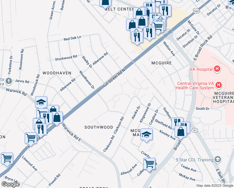 map of restaurants, bars, coffee shops, grocery stores, and more near 15-21 Treehaven Drive in Richmond