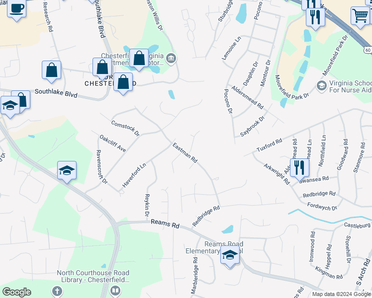 map of restaurants, bars, coffee shops, grocery stores, and more near 305 Eastman Road in Richmond