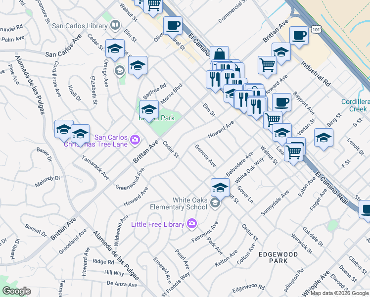 map of restaurants, bars, coffee shops, grocery stores, and more near 1780 Howard Avenue in San Carlos