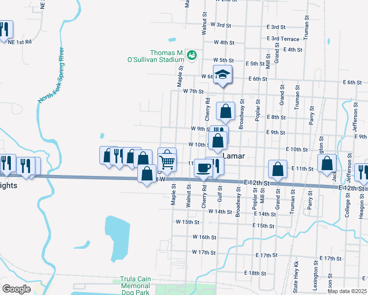 map of restaurants, bars, coffee shops, grocery stores, and more near 405 West 10th Street in Lamar