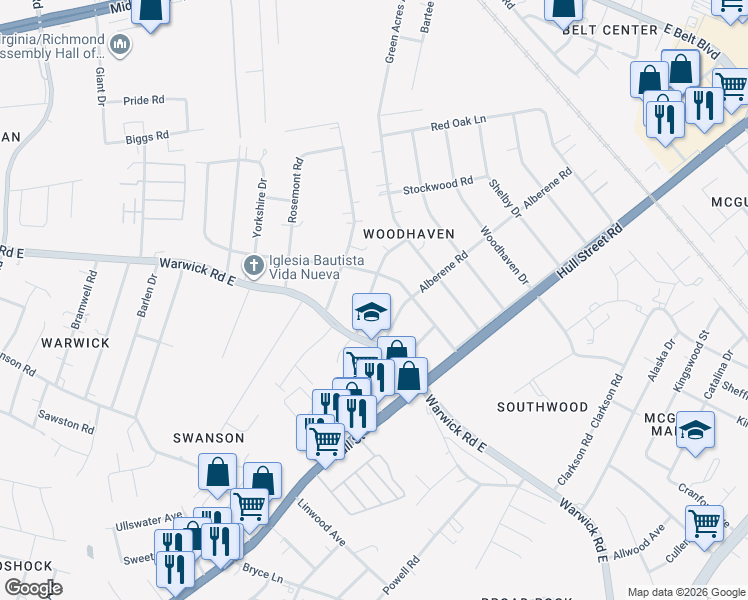 map of restaurants, bars, coffee shops, grocery stores, and more near 5219 Weatherford Road in Richmond