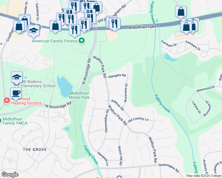 map of restaurants, bars, coffee shops, grocery stores, and more near 12904 Oak Creek Terrace in Midlothian