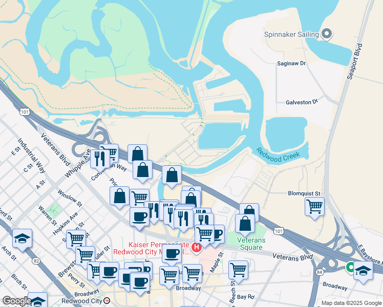 map of restaurants, bars, coffee shops, grocery stores, and more near True Wind Way in Redwood City