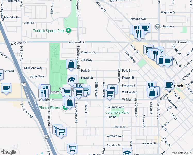 map of restaurants, bars, coffee shops, grocery stores, and more near Clifford Avenue in Turlock