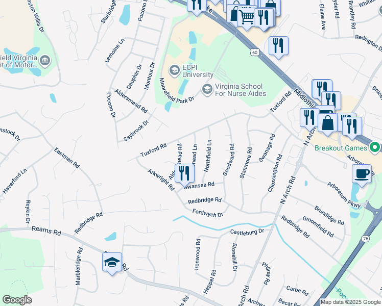 map of restaurants, bars, coffee shops, grocery stores, and more near 208 Redmead Lane in Chesterfield County