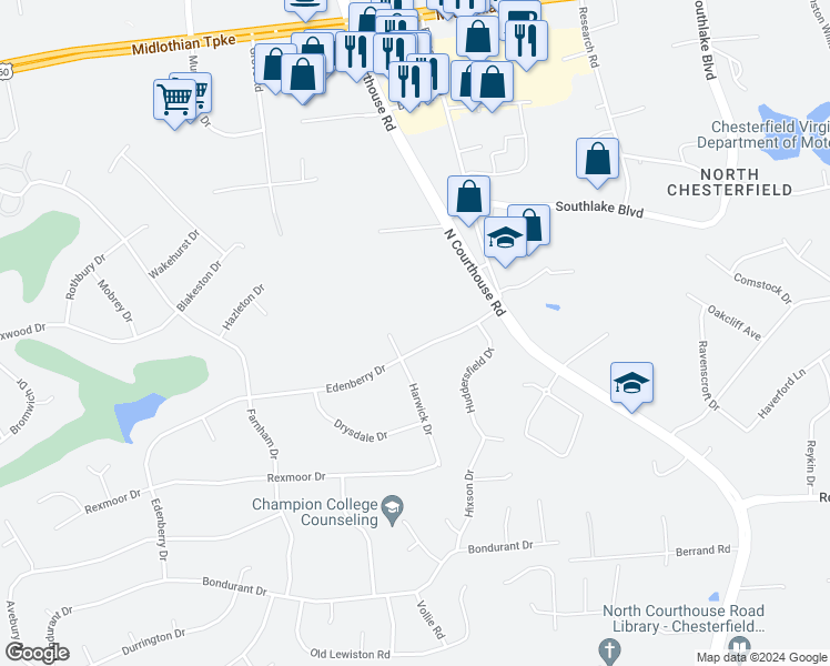 map of restaurants, bars, coffee shops, grocery stores, and more near 11420 Edenberry Drive in Richmond