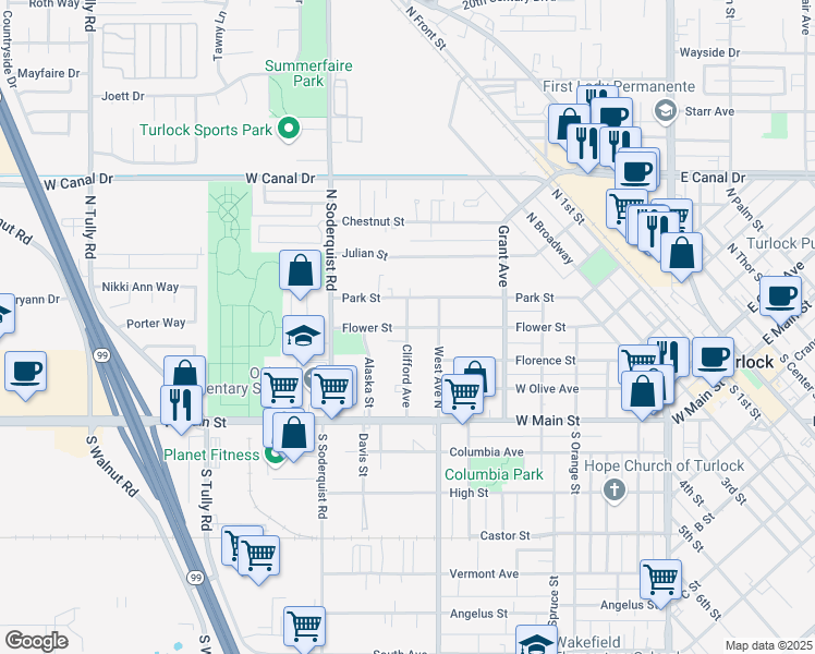 map of restaurants, bars, coffee shops, grocery stores, and more near 899 Flower Street in Turlock