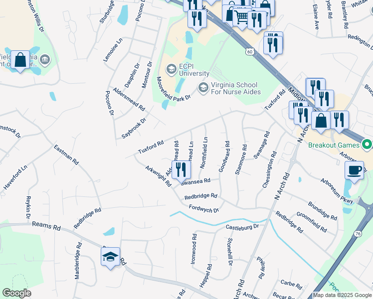 map of restaurants, bars, coffee shops, grocery stores, and more near 208 Redmead Lane in Chesterfield County