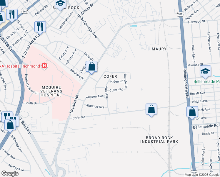 map of restaurants, bars, coffee shops, grocery stores, and more near 3038 Culver Road in Richmond