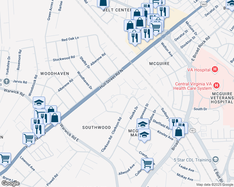 map of restaurants, bars, coffee shops, grocery stores, and more near 15-21 Treehaven Drive in Richmond