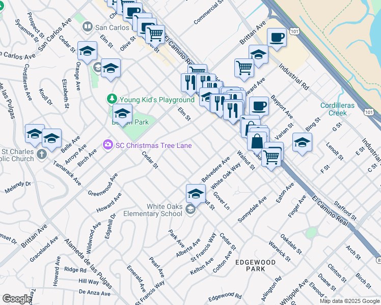 map of restaurants, bars, coffee shops, grocery stores, and more near 1351 Woodland Avenue in San Carlos