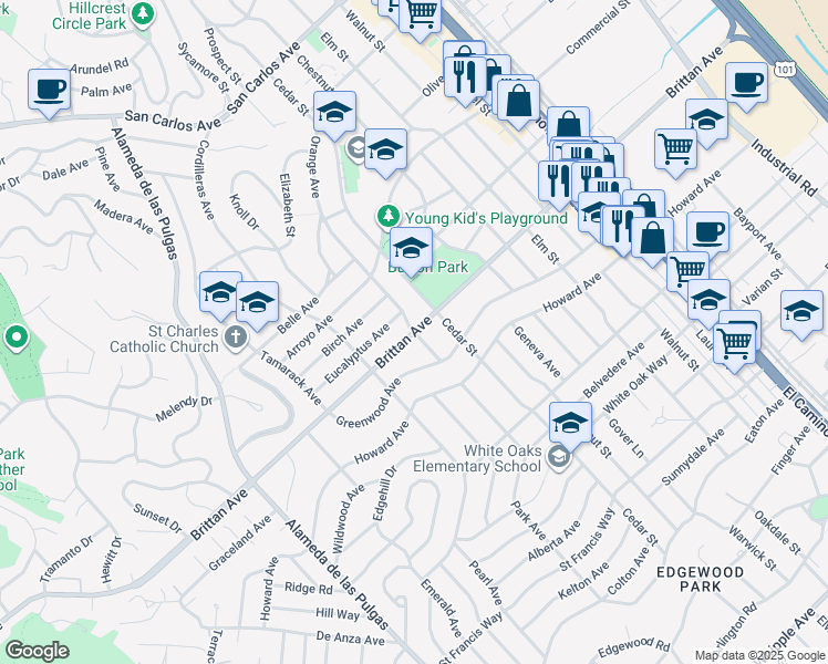 map of restaurants, bars, coffee shops, grocery stores, and more near Orange Ave & Brittan Ave in San Carlos
