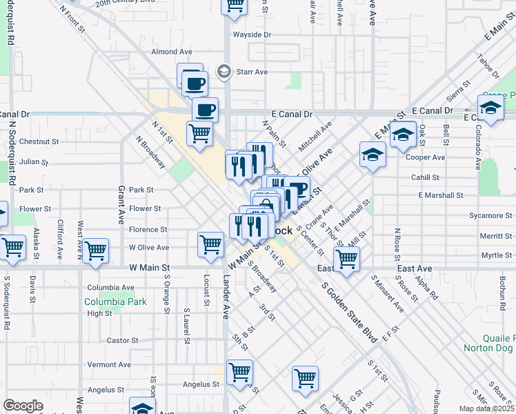 map of restaurants, bars, coffee shops, grocery stores, and more near 210 North Golden State Boulevard in Turlock