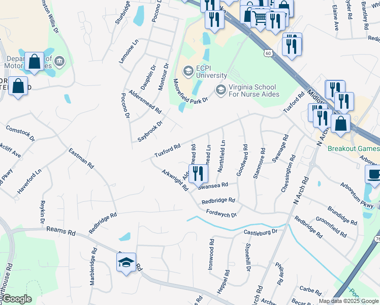 map of restaurants, bars, coffee shops, grocery stores, and more near 216 Aldersmead Road in Chesterfield County