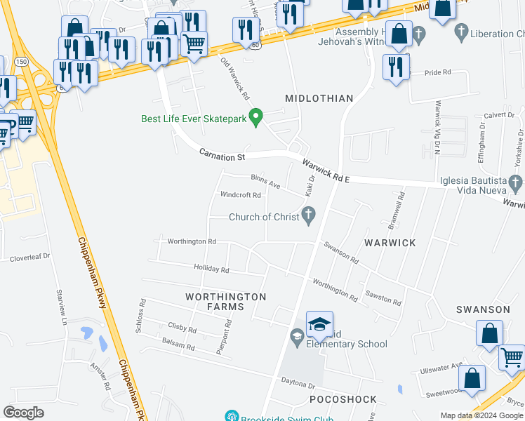 map of restaurants, bars, coffee shops, grocery stores, and more near 722 Sanborn Drive in Richmond