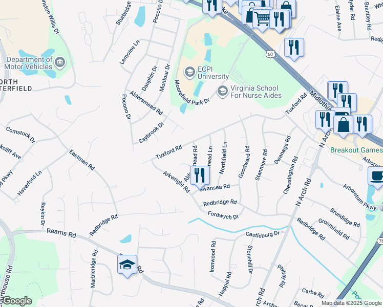 map of restaurants, bars, coffee shops, grocery stores, and more near 216 Aldersmead Road in Chesterfield County