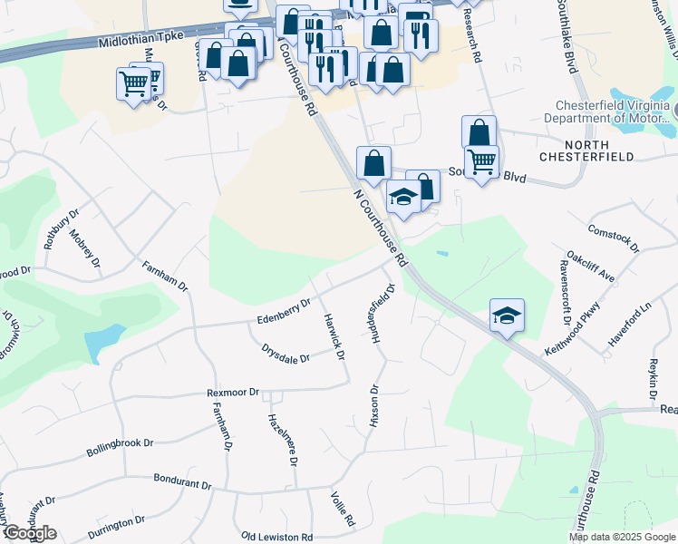 map of restaurants, bars, coffee shops, grocery stores, and more near 11410 Edenberry Drive in Richmond