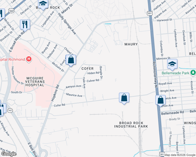 map of restaurants, bars, coffee shops, grocery stores, and more near 3010 Culver Road in Richmond