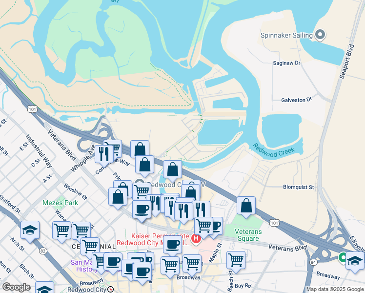 map of restaurants, bars, coffee shops, grocery stores, and more near 630 Bair Island Road in Redwood City