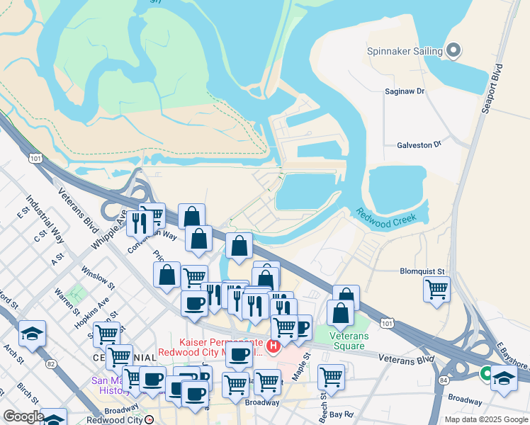 map of restaurants, bars, coffee shops, grocery stores, and more near 634 True Wind Way in Redwood City