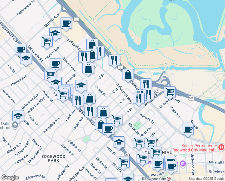 map of restaurants, bars, coffee shops, grocery stores, and more near 327 E Street in Redwood City