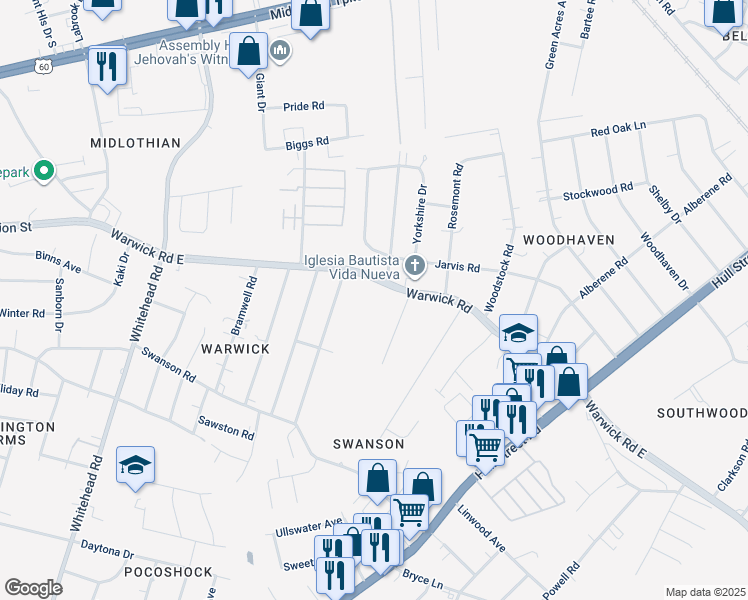 map of restaurants, bars, coffee shops, grocery stores, and more near 5603 Warwick Road in Richmond