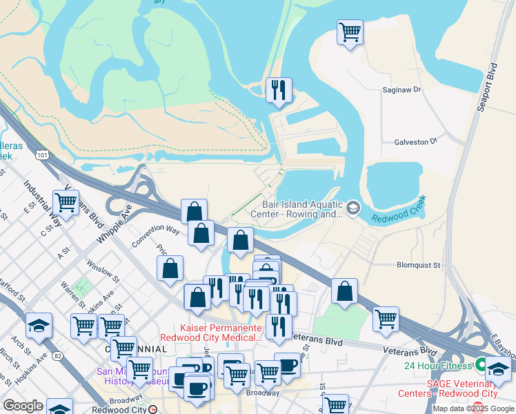 map of restaurants, bars, coffee shops, grocery stores, and more near 600 Bair Island Road in Redwood City