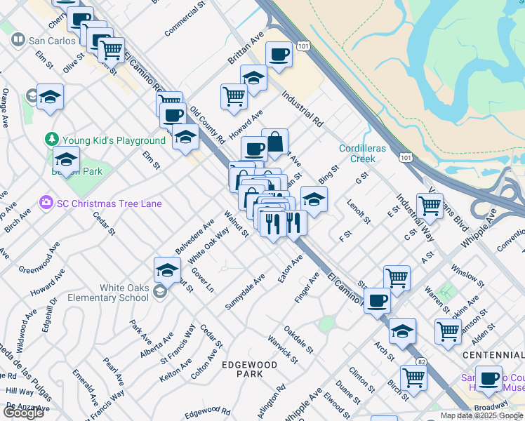 map of restaurants, bars, coffee shops, grocery stores, and more near 1580 El Camino Real in San Carlos