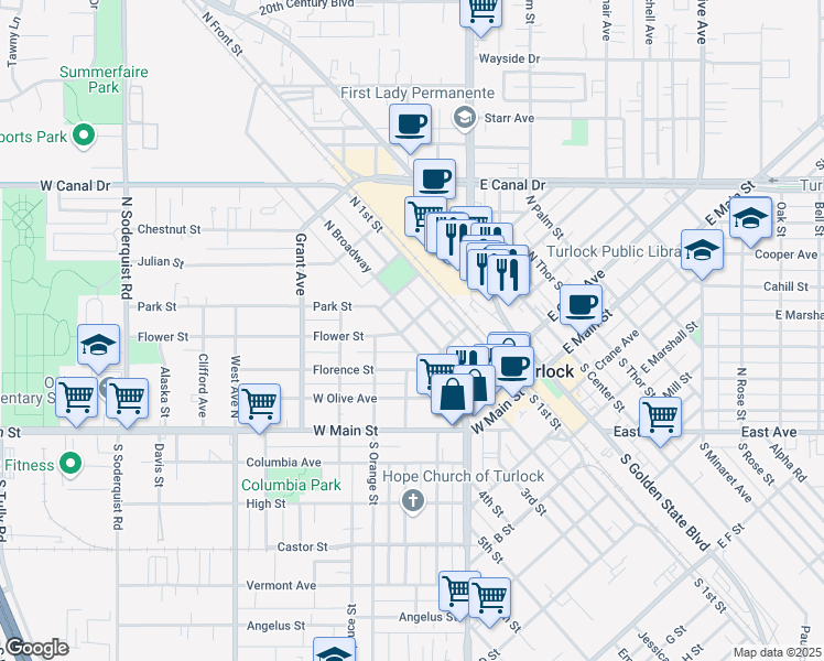 map of restaurants, bars, coffee shops, grocery stores, and more near 338 North Broadway Avenue in Turlock