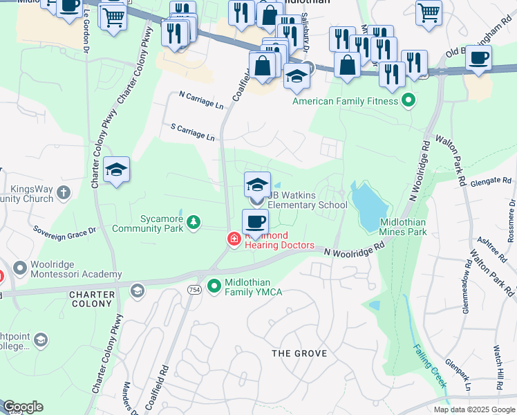 map of restaurants, bars, coffee shops, grocery stores, and more near 501 Coalfield Road in Midlothian
