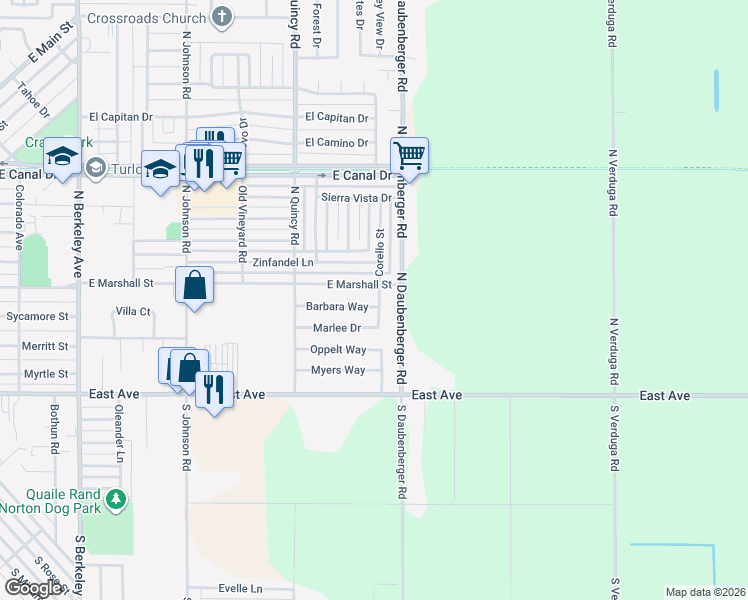 map of restaurants, bars, coffee shops, grocery stores, and more near 380 Corello Street in Turlock