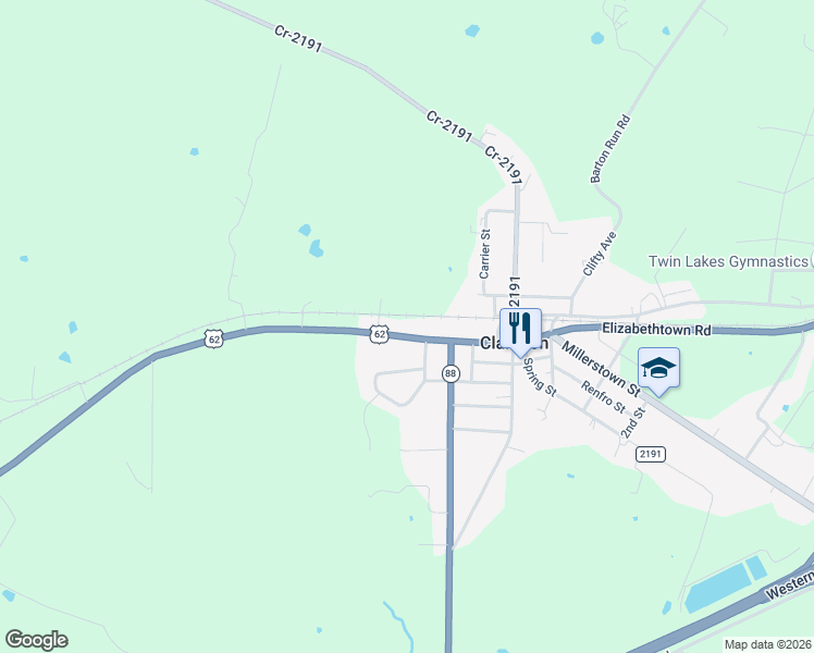map of restaurants, bars, coffee shops, grocery stores, and more near 141-199 East Elizabethtown Road in Clarkson