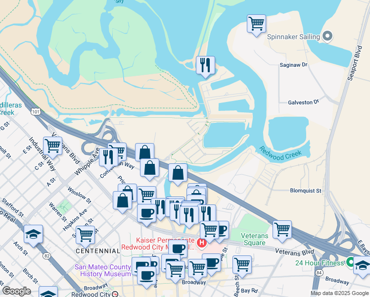 map of restaurants, bars, coffee shops, grocery stores, and more near 630 Bair Island Road in Redwood City