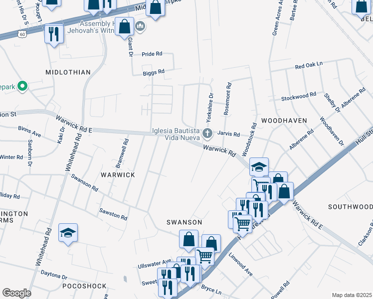 map of restaurants, bars, coffee shops, grocery stores, and more near 5603 Warwick Road in Richmond