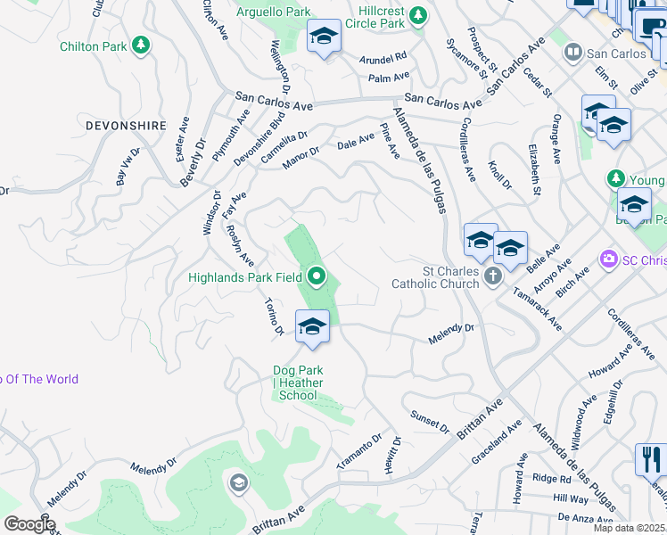 map of restaurants, bars, coffee shops, grocery stores, and more near 237 Aberdeen Drive in San Carlos