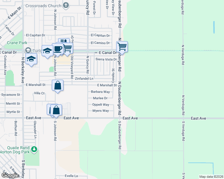 map of restaurants, bars, coffee shops, grocery stores, and more near 380 Corello Street in Turlock