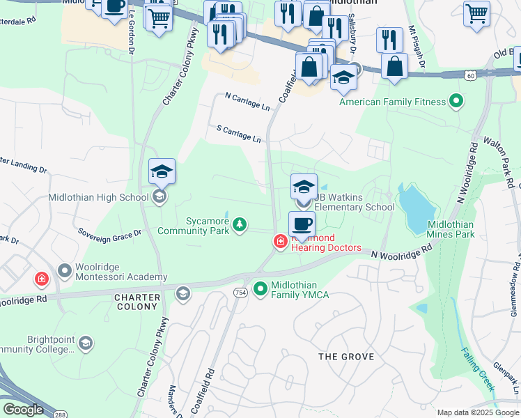 map of restaurants, bars, coffee shops, grocery stores, and more near 430 Coalfield Road in Midlothian