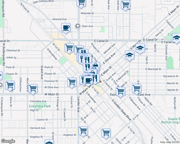 map of restaurants, bars, coffee shops, grocery stores, and more near 210 N Golden State Blvd in Turlock
