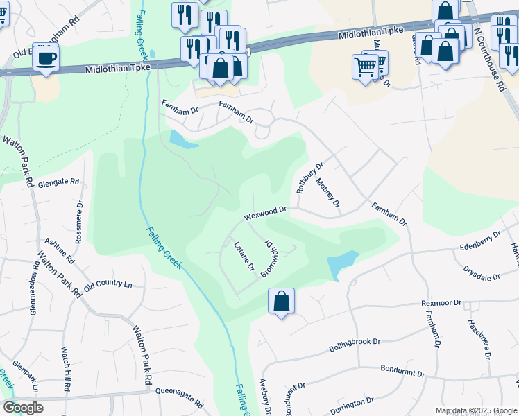 map of restaurants, bars, coffee shops, grocery stores, and more near 601 Wexwood Court in Richmond