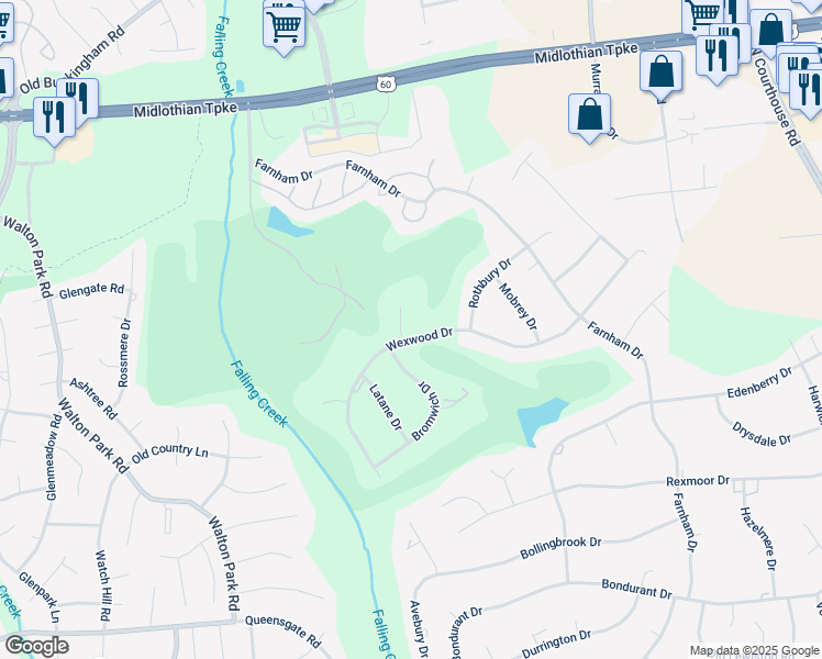 map of restaurants, bars, coffee shops, grocery stores, and more near 601 Wexwood Court in Richmond