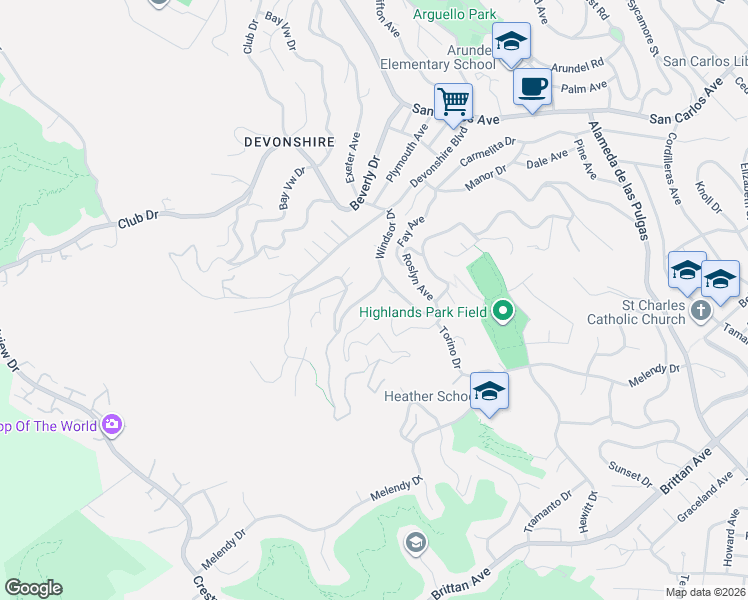map of restaurants, bars, coffee shops, grocery stores, and more near 107 Winding Way in San Carlos