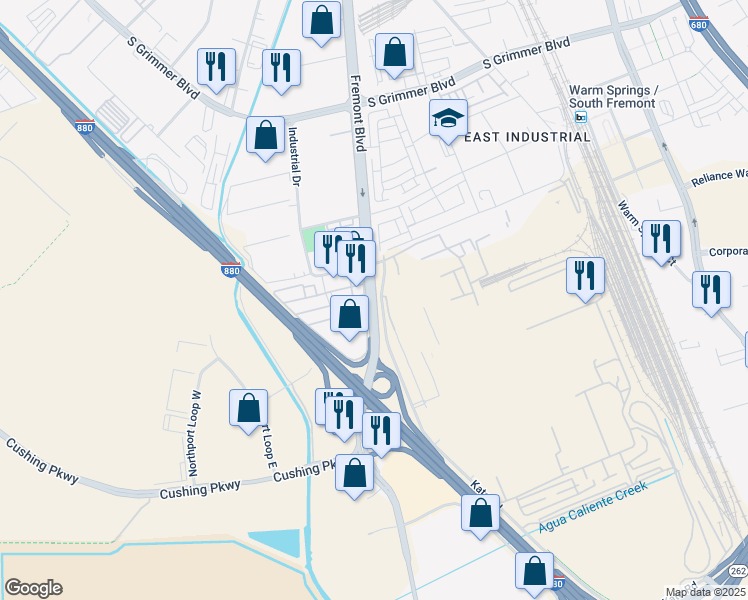 map of restaurants, bars, coffee shops, grocery stores, and more near 45500 Fremont Boulevard in Fremont