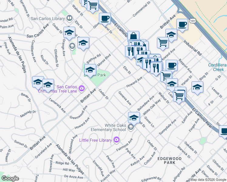 map of restaurants, bars, coffee shops, grocery stores, and more near 1780 Howard Avenue in San Carlos