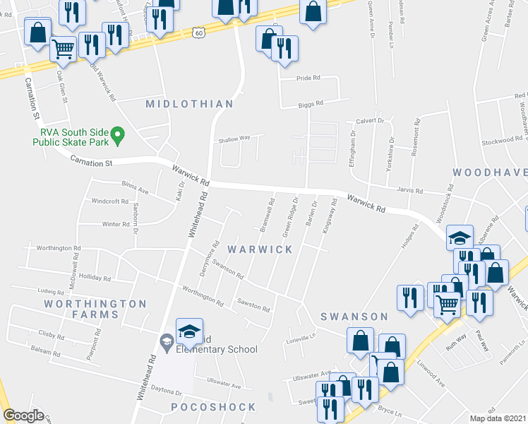 map of restaurants, bars, coffee shops, grocery stores, and more near 836 Bramwell Road in Richmond