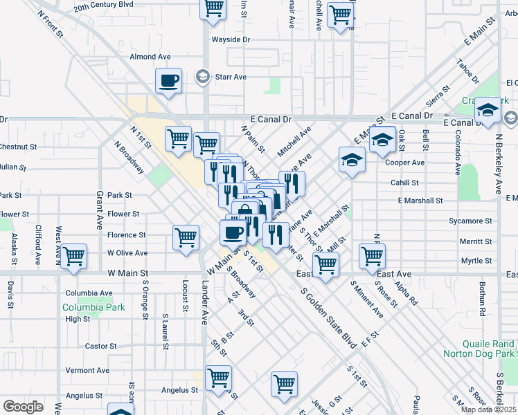 map of restaurants, bars, coffee shops, grocery stores, and more near 128 North Center Street in Turlock