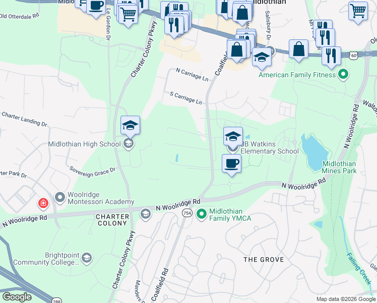 map of restaurants, bars, coffee shops, grocery stores, and more near 460 Coalfield Road in Midlothian