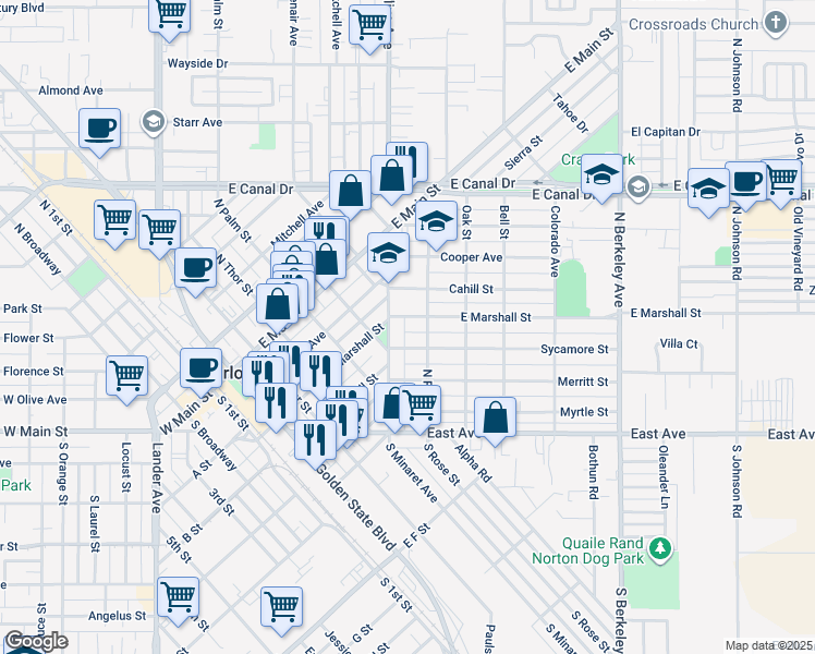 map of restaurants, bars, coffee shops, grocery stores, and more near 1129 Sycamore Street in Turlock