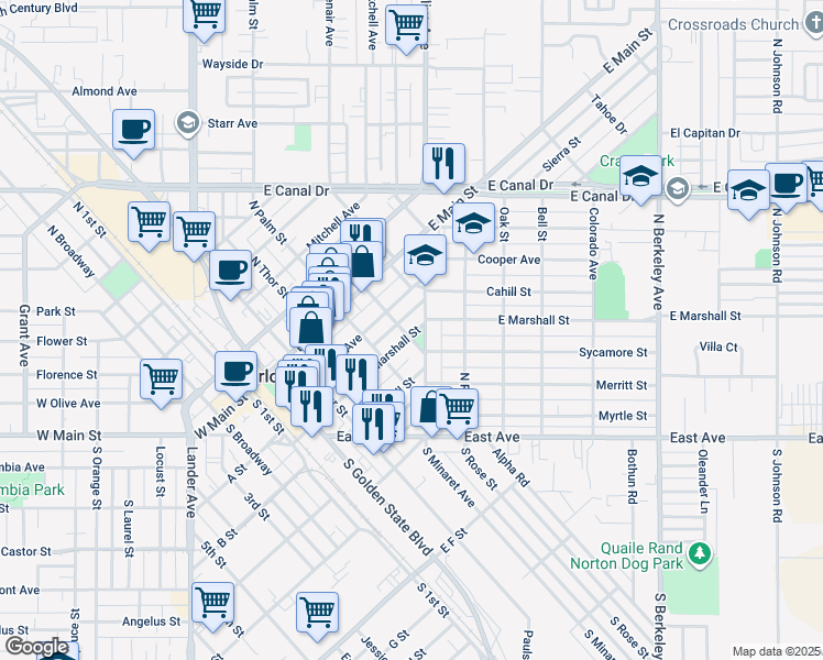 map of restaurants, bars, coffee shops, grocery stores, and more near 540 Hamilton Street in Turlock