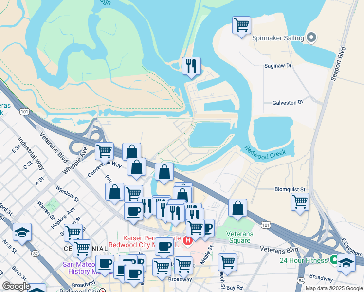 map of restaurants, bars, coffee shops, grocery stores, and more near 634 True Wind Way in Redwood City