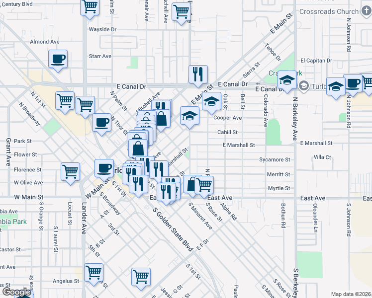 map of restaurants, bars, coffee shops, grocery stores, and more near 611 East Marshall Street in Turlock